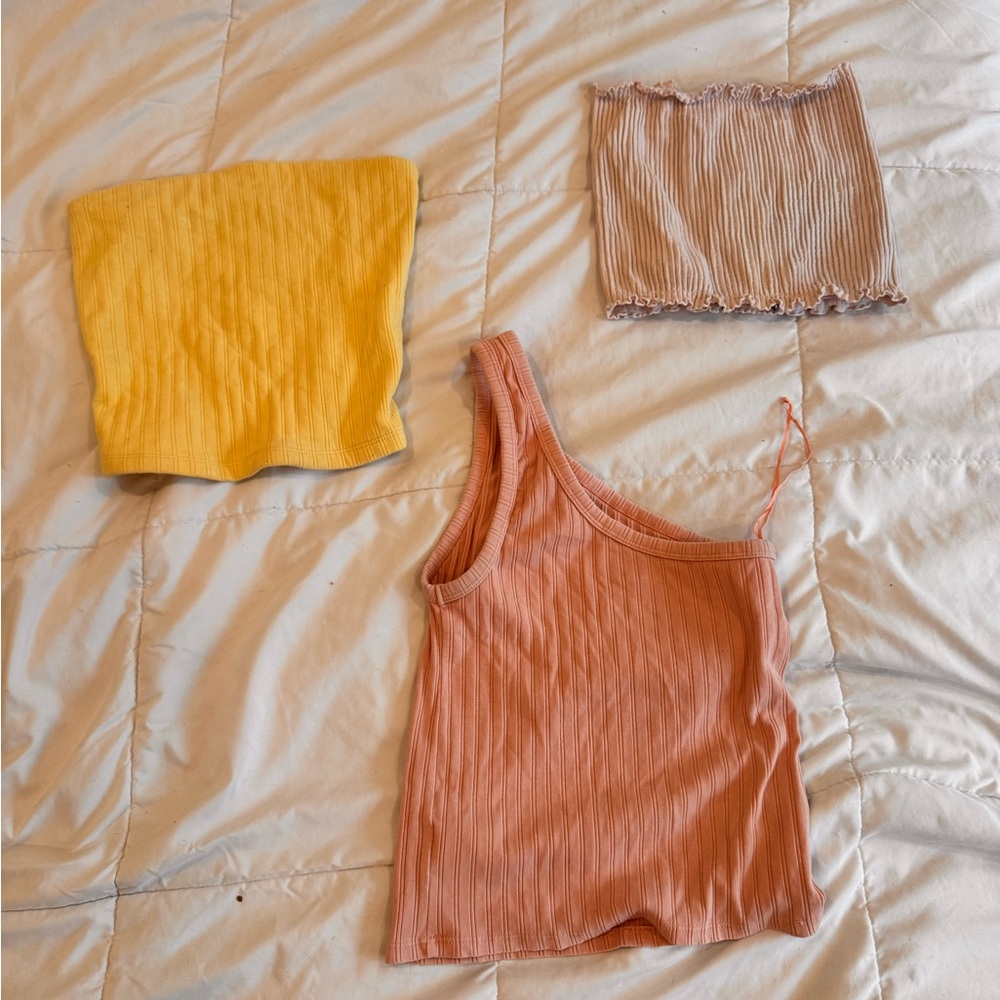 Stylish Women's Ribbed Tops Bundle - Pink, Yellow, Cream